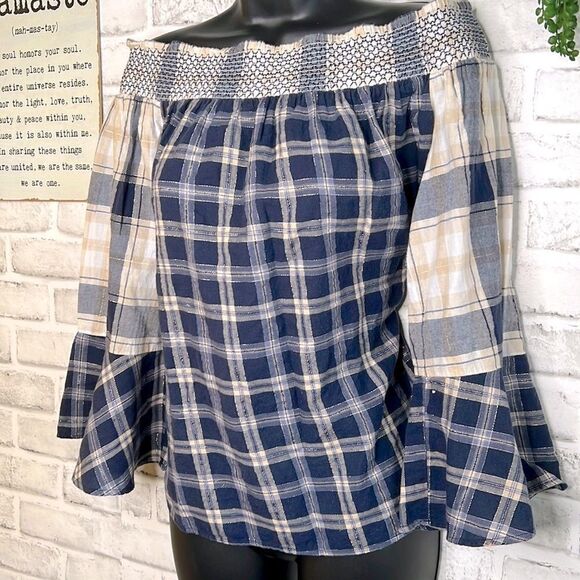 LOFT Off The Shoulder Plaid Flare Sleeves Shirt Top Blouse Boho Hippie Small - Picture 4 of 8